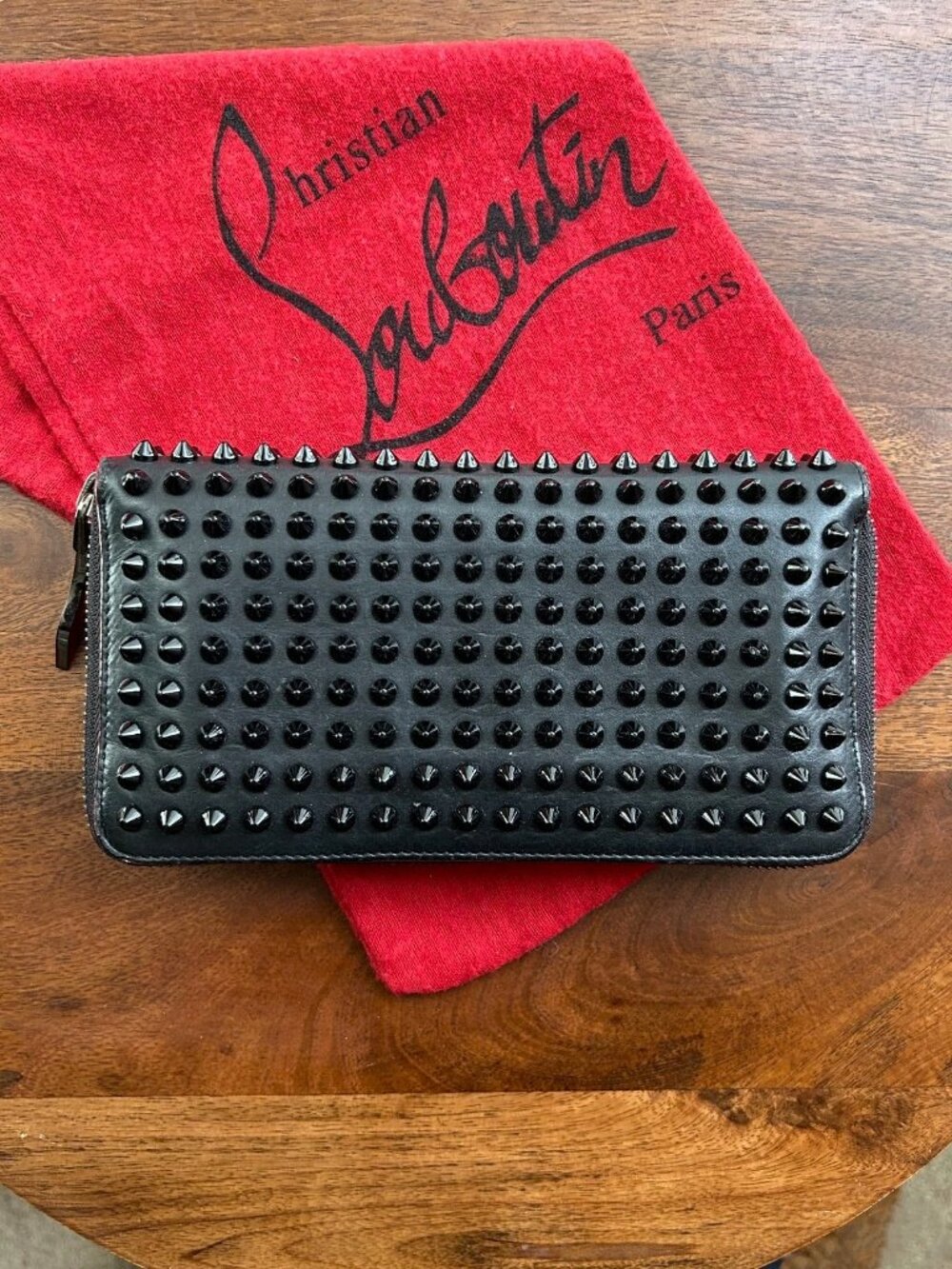 CHRISTIAN LOUBOUTIN Calfskin Panettone Spiked Zip Around Wallet Black, Red 👠